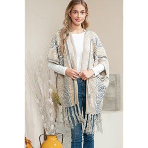 Striped Half Sleeve Tassel Hem Poncho